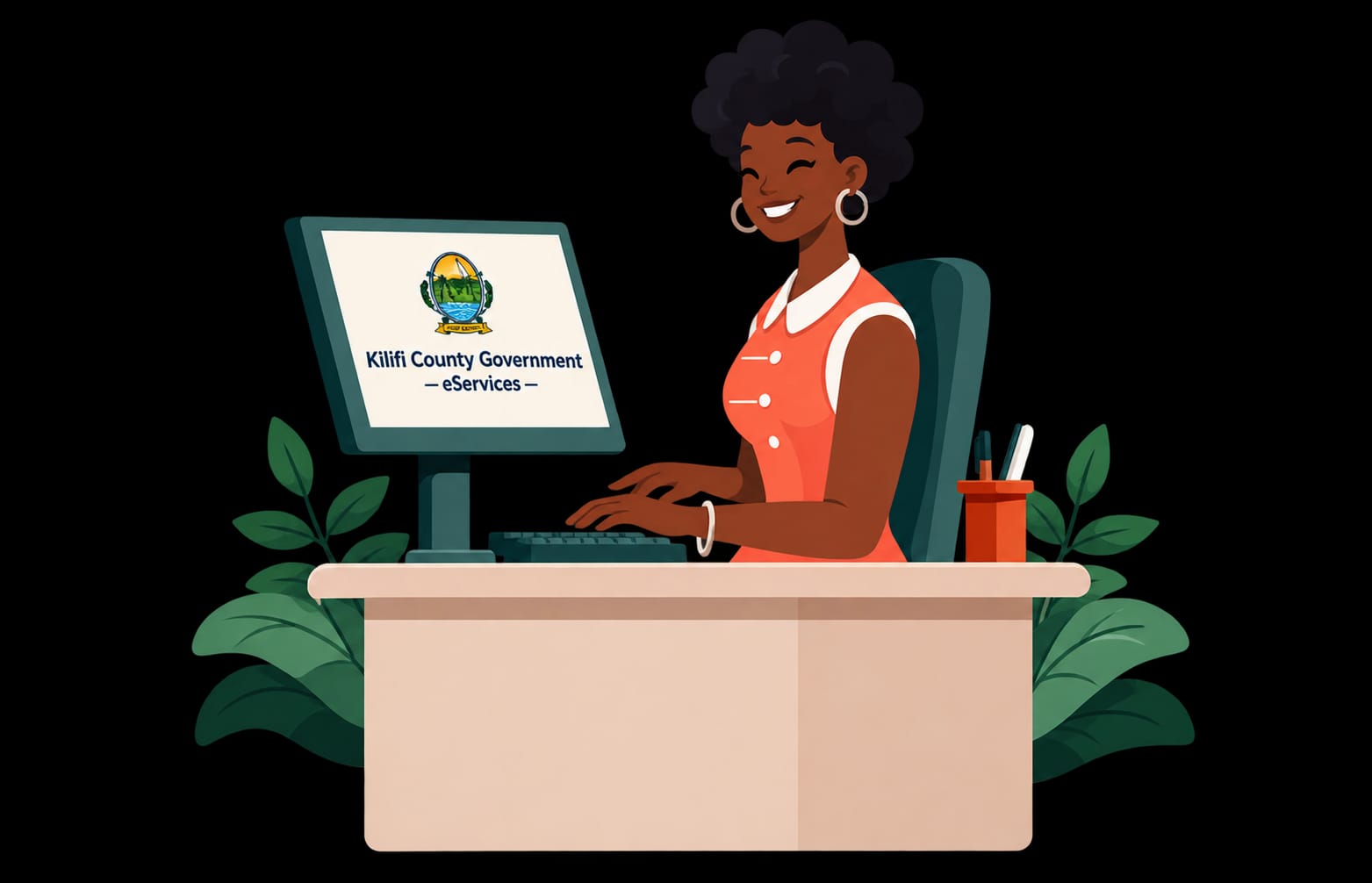 Woman working at a computer illustration